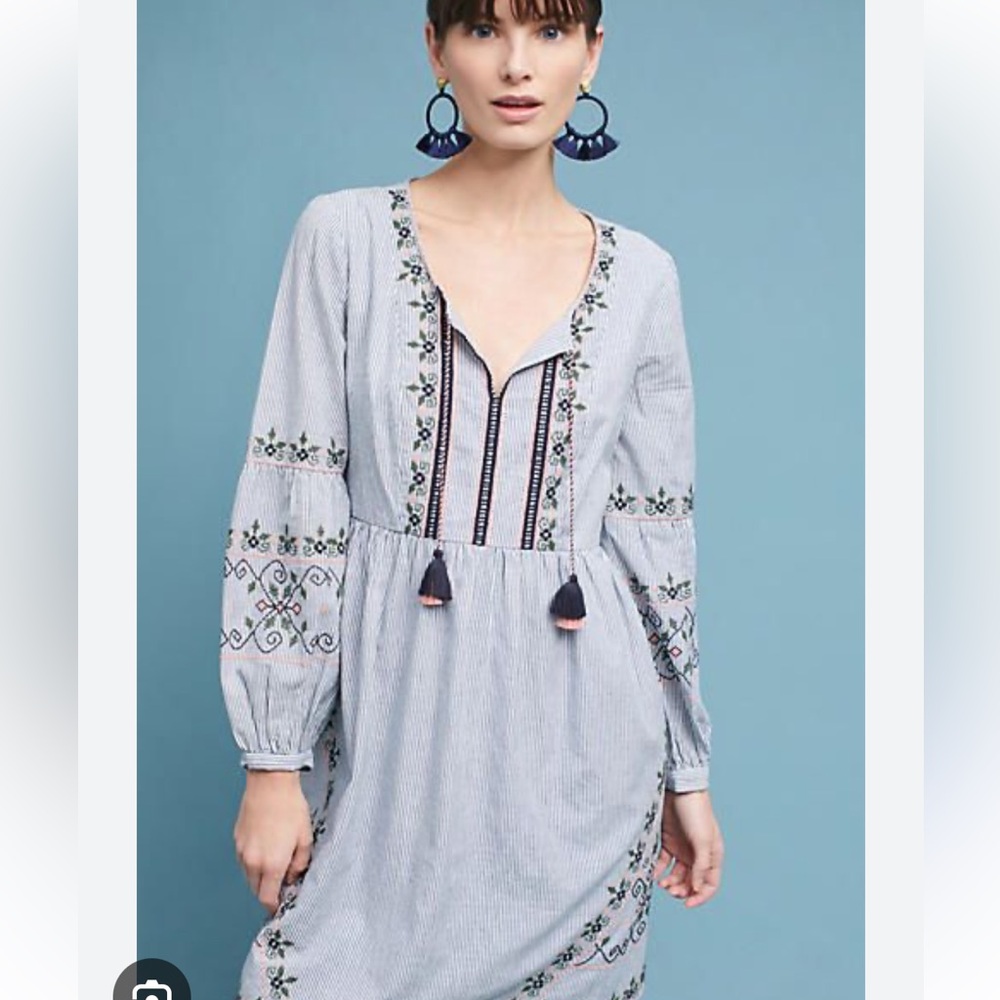 Akemi + Kin (Anthropologie) Maddie shift dress, cotton pinstripe embroidery, 6P